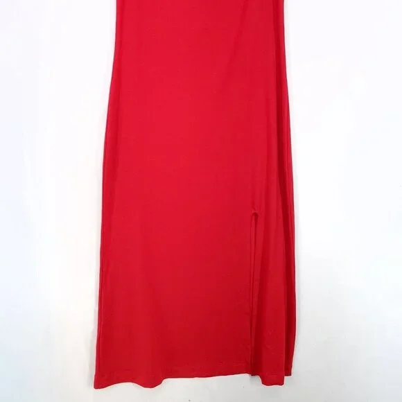 Reformation Harlyn Knit Dress Size Small Midi Leg Slit Cap Sleeve Red Open  Back